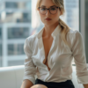 blonde secretary with glasses in luxury office, high-rise building view, professional woman unbuttoning shirt, realistic AI photography, office lady secret affair