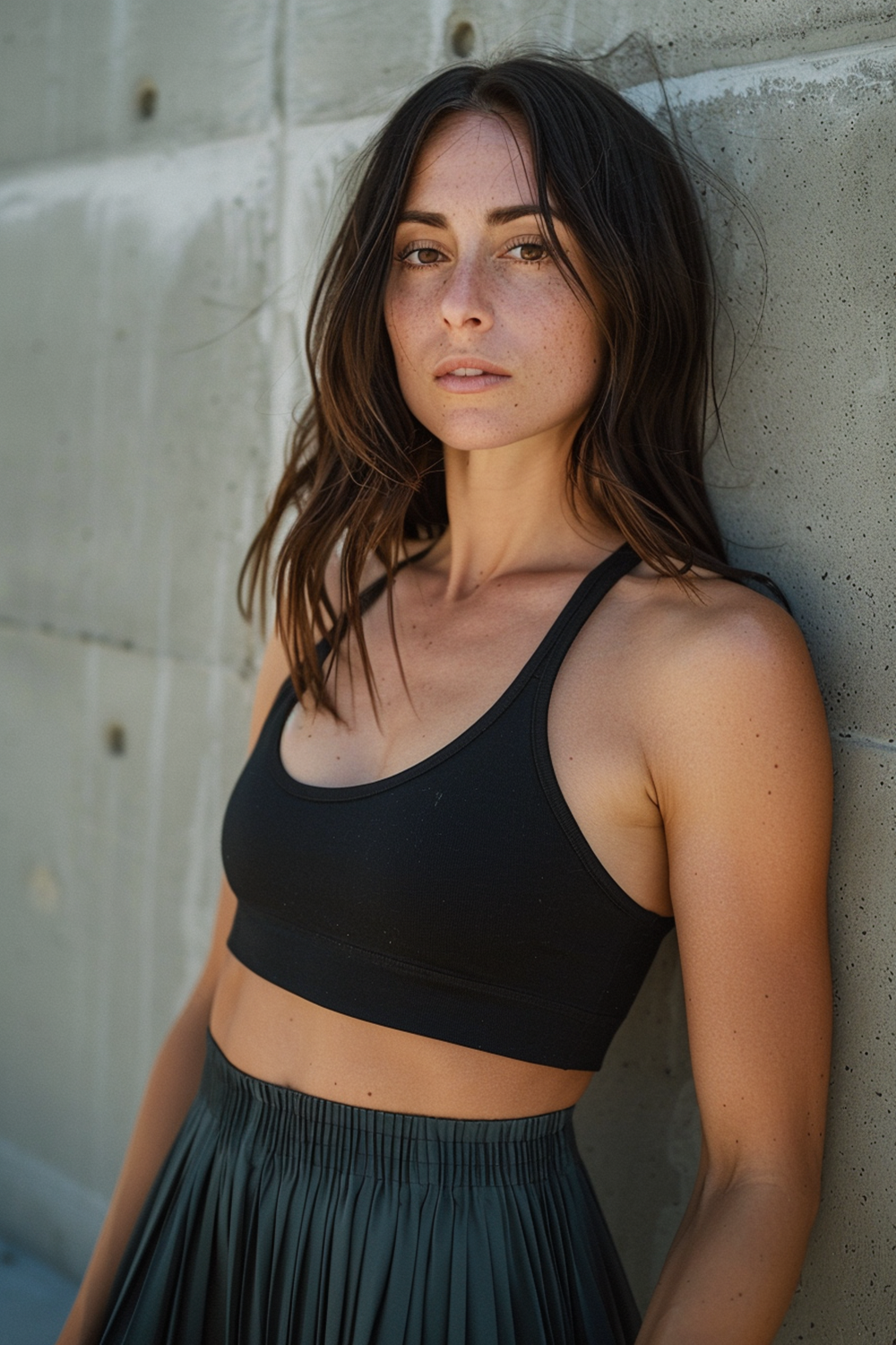Cinematic AI portrait of a beautiful woman in minimalist athletic wear, sun-kissed skin with realistic freckles, standing against a textured concrete wall, dramatic lighting and shadows, high-end photography style.