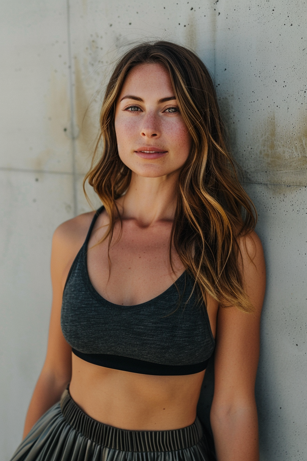 Cinematic AI portrait of a beautiful woman in minimalist athletic wear, sun-kissed skin with realistic freckles, standing against a textured concrete wall, dramatic lighting and shadows, high-end photography style.