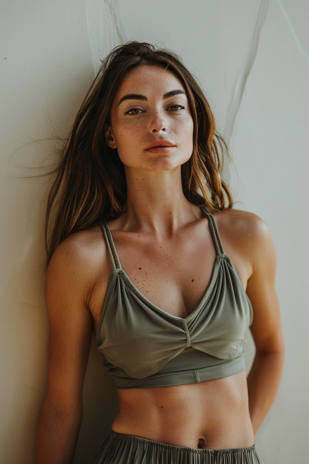 Cinematic AI portrait of a beautiful woman in minimalist athletic wear, sun-kissed skin with realistic freckles, standing against a textured concrete wall, dramatic lighting and shadows, high-end photography style.