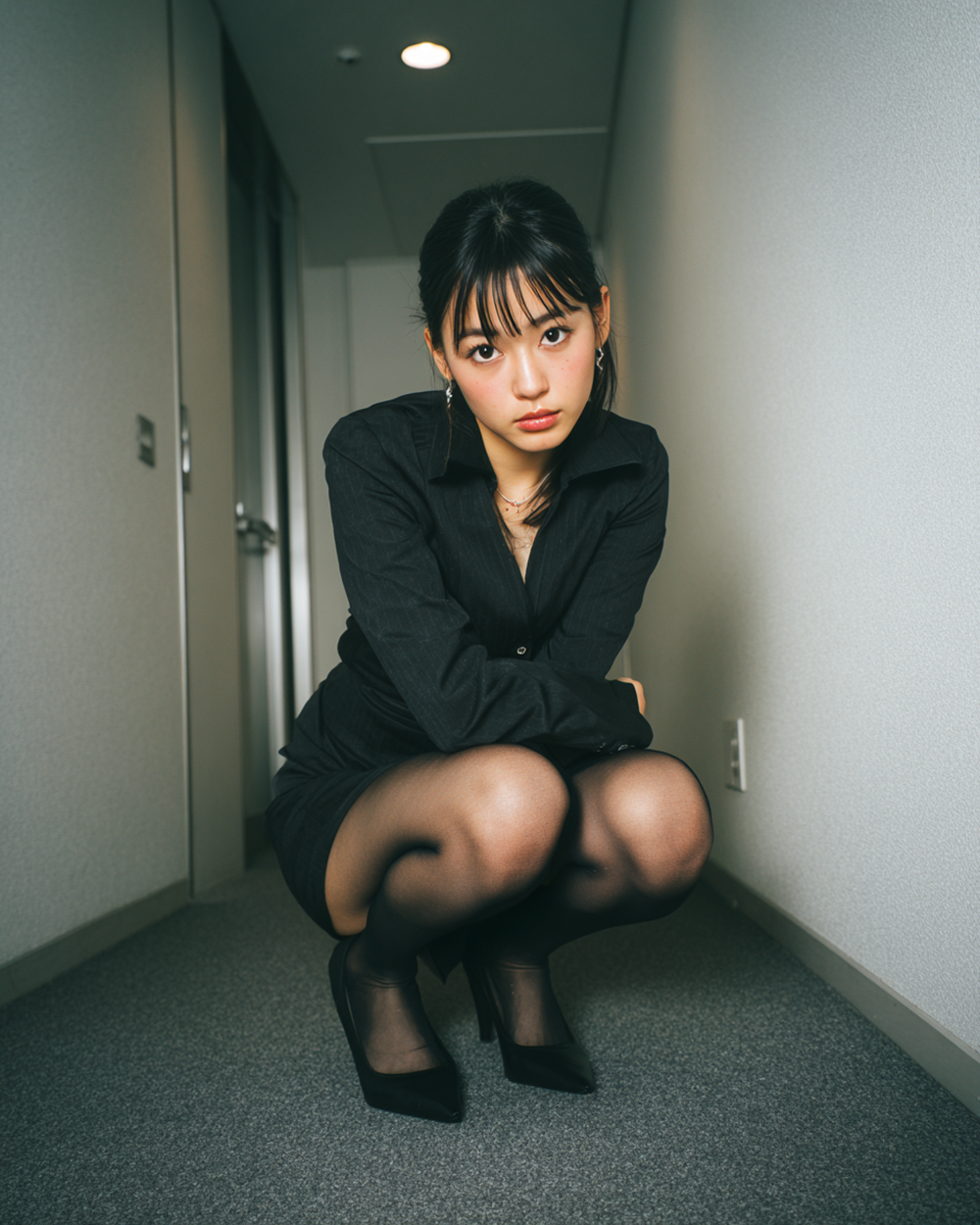 Beautiful secretary in black shirt and tights crouching in office hallway, cinematic lighting.