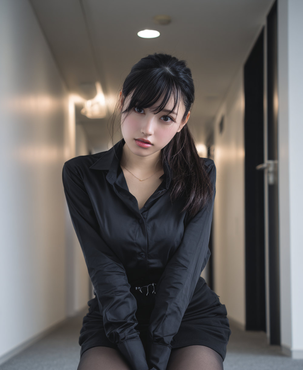 Portrait of a stunning OL in black office attire looking at camera, high-quality AI realism.