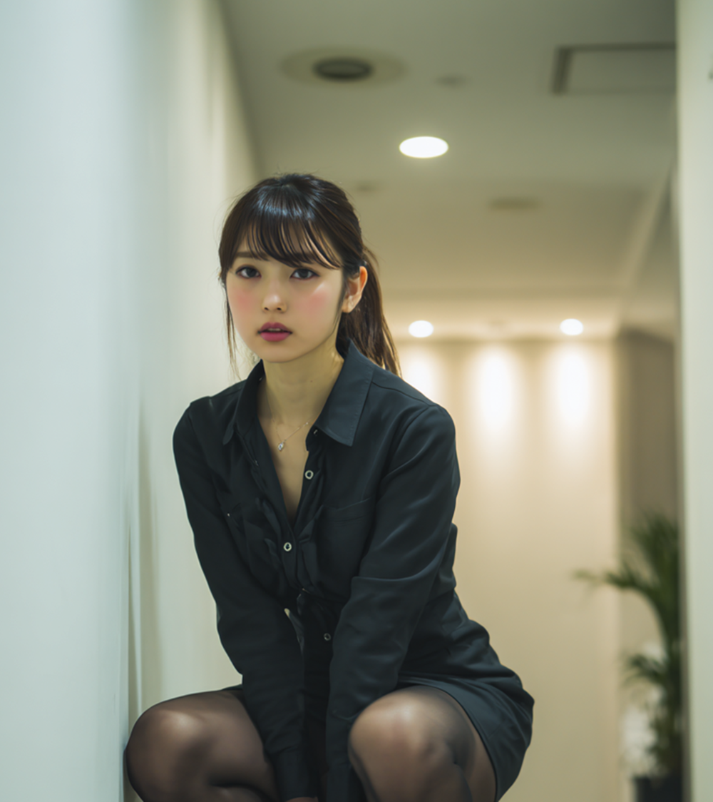 Young professional woman in black office shirt crouching in hallway, soft focus background.