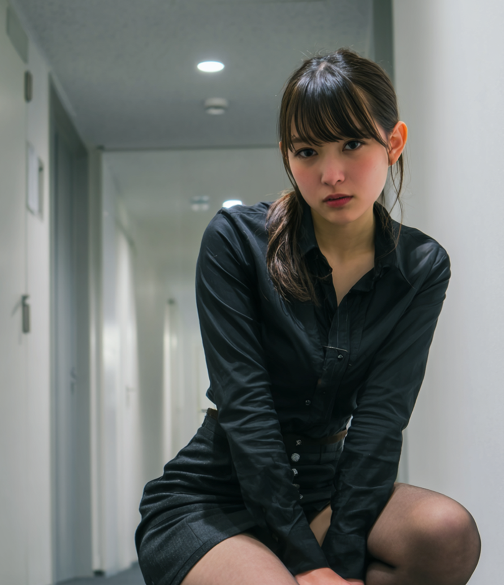 Close-up gaze of a beautiful secretary leaning forward, intense eyes, realistic skin texture.