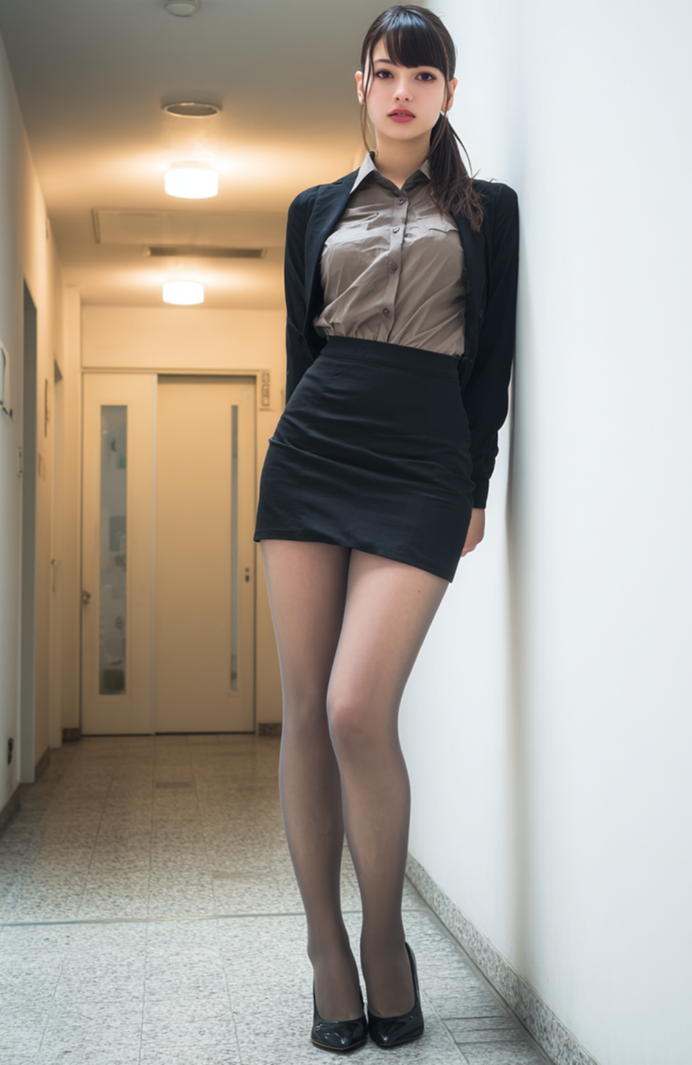 Elegant woman in office suit leaning against corridor wall, sophisticated workplace beauty.