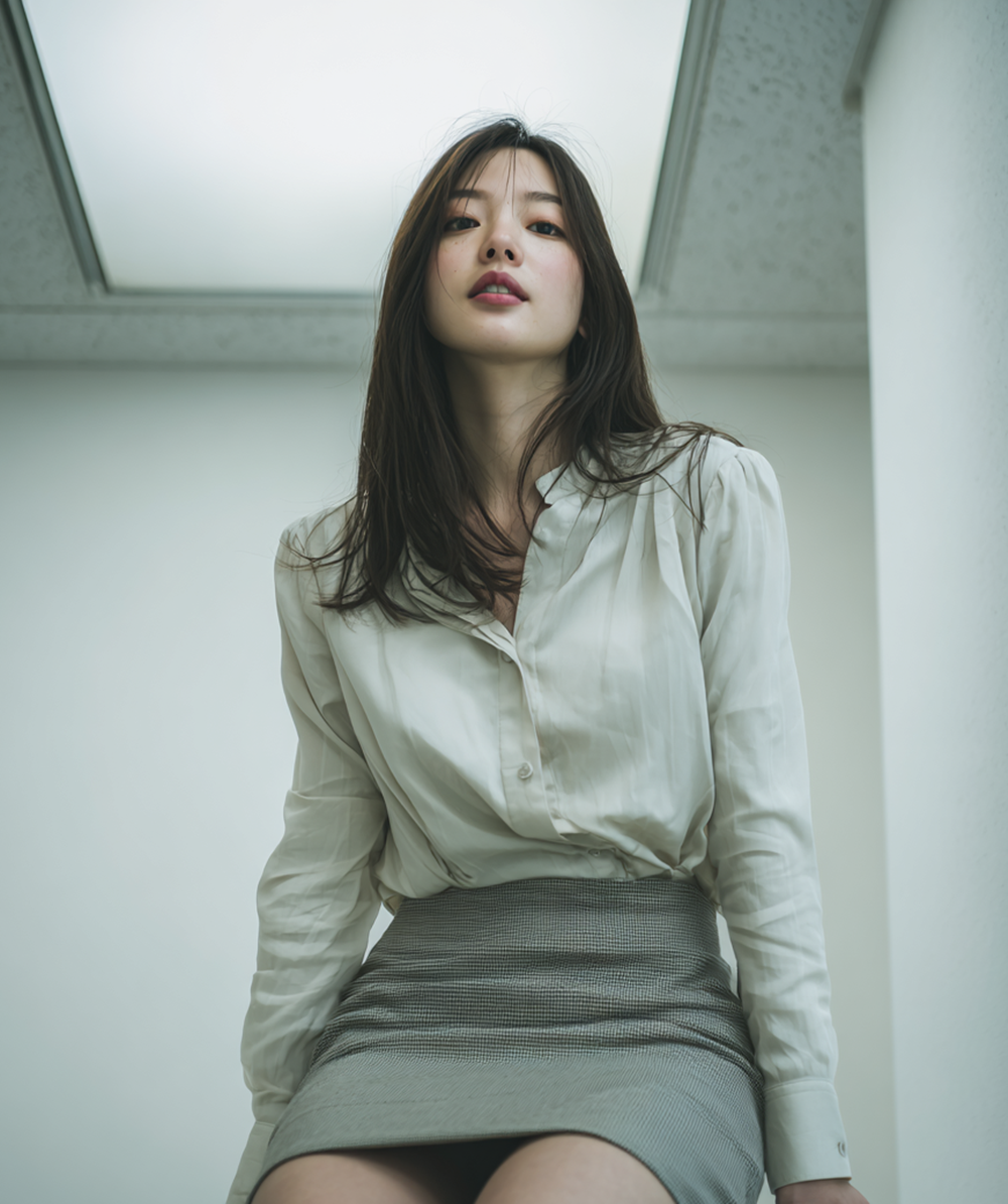 Realistic Japanese office lady wearing white silk blouse and grey tight pencil skirt, cinematic office lighting, professional aesthetic, detailed skin texture, high resolution AI photography.