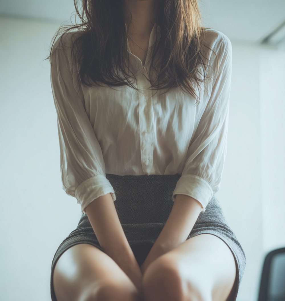 Realistic Japanese office lady wearing white silk blouse and grey tight pencil skirt, cinematic office lighting, professional aesthetic, detailed skin texture, high resolution AI photography.