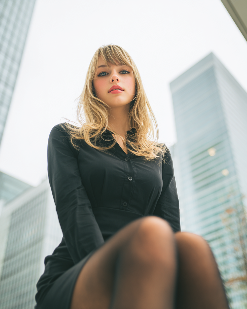 Beautiful blonde executive in black suit and sheer blouse, low angle skyscraper background, high-end office fashion, realistic AI photography, professional eroticism.