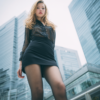 Beautiful blonde executive in black suit and sheer blouse, low angle skyscraper background, high-end office fashion, realistic AI photography, professional eroticism.