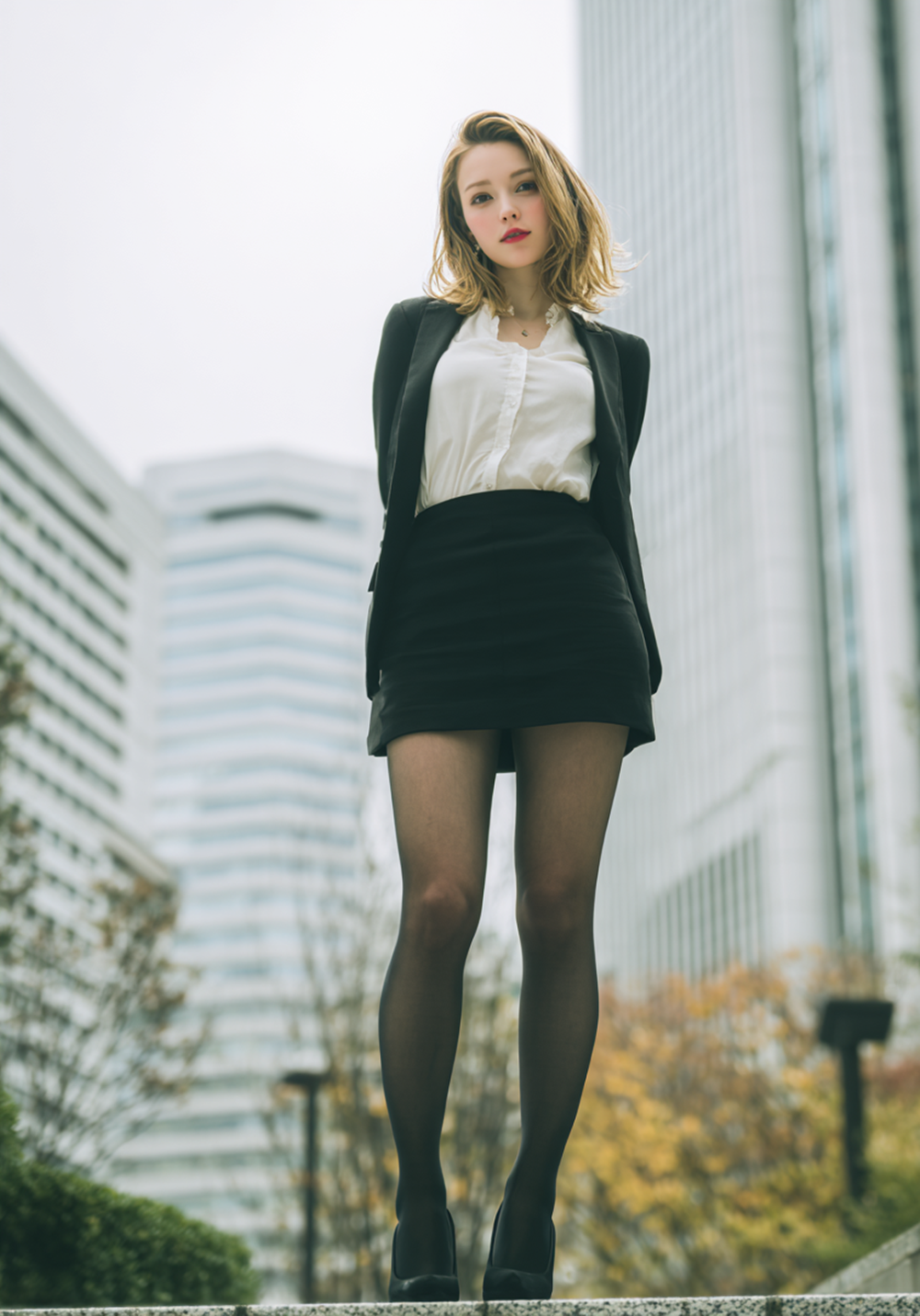 Beautiful blonde executive in black suit and sheer blouse, low angle skyscraper background, high-end office fashion, realistic AI photography, professional eroticism.