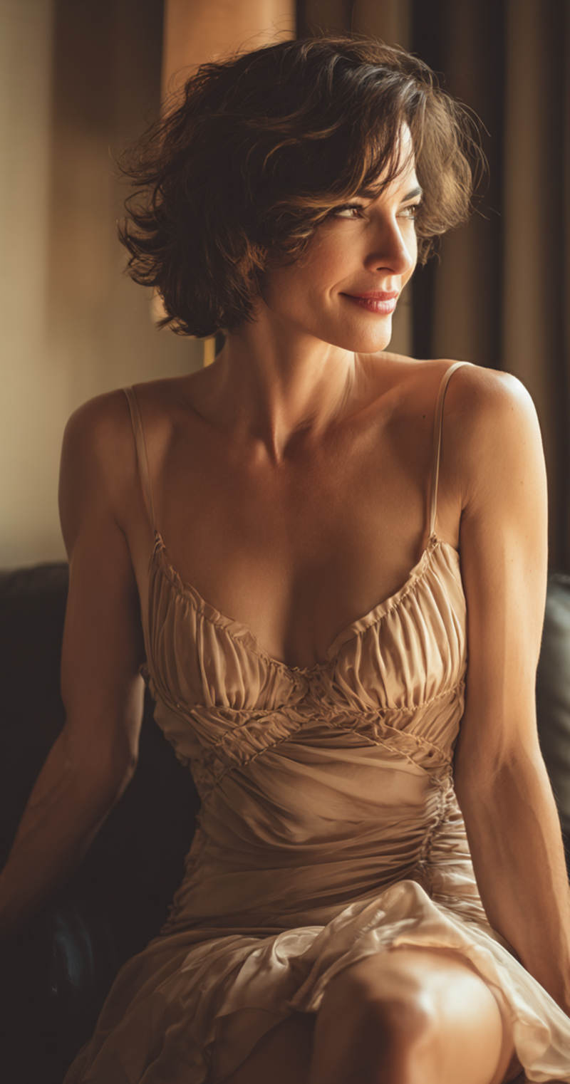 Stunning mature woman in silk cocktail dress, elegant bob hairstyle, cinematic lighting in luxury hotel room, intimate gaze, high-resolution AI photography, sophisticated eroticism.