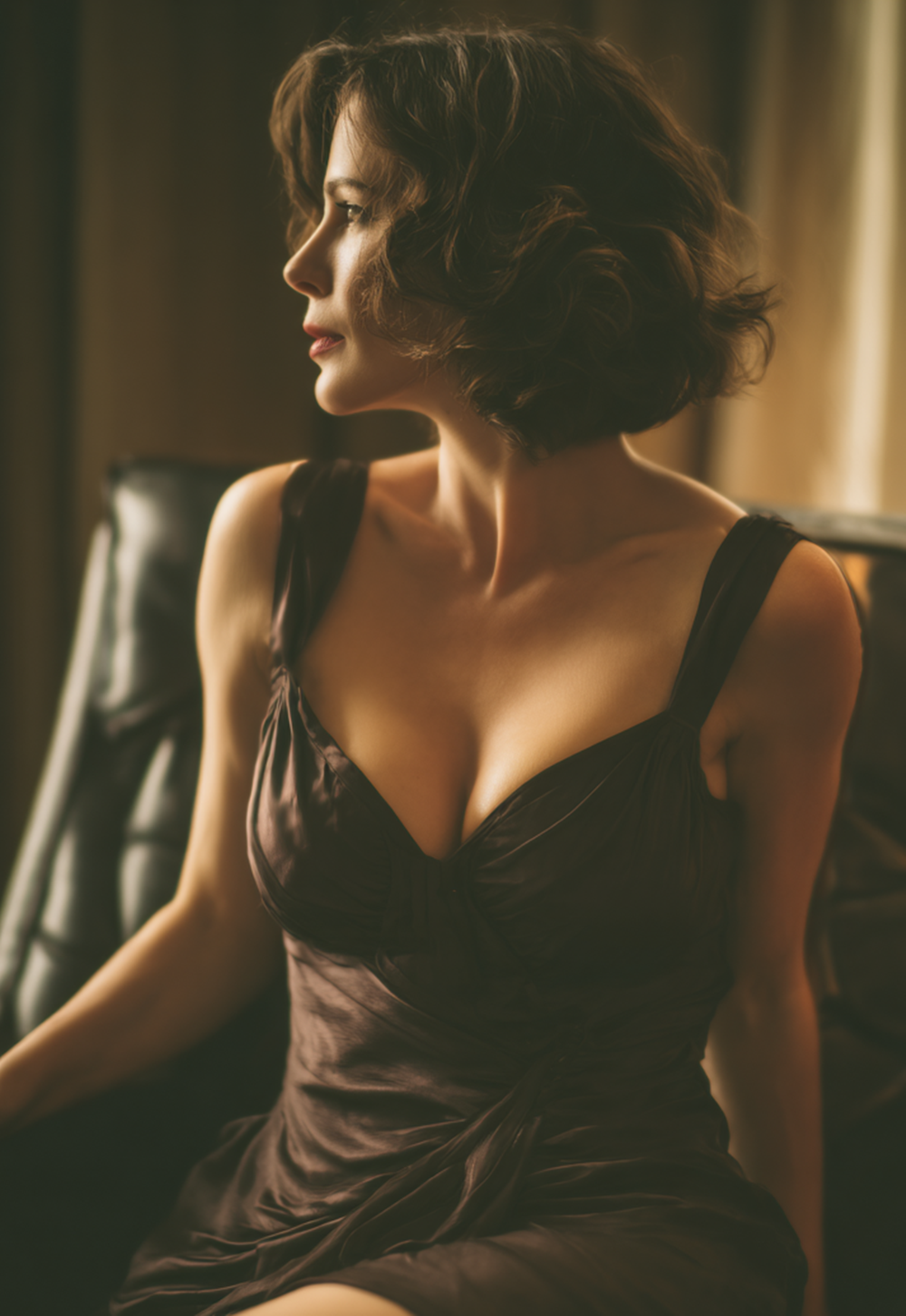 Stunning mature woman in silk cocktail dress, elegant bob hairstyle, cinematic lighting in luxury hotel room, intimate gaze, high-resolution AI photography, sophisticated eroticism.