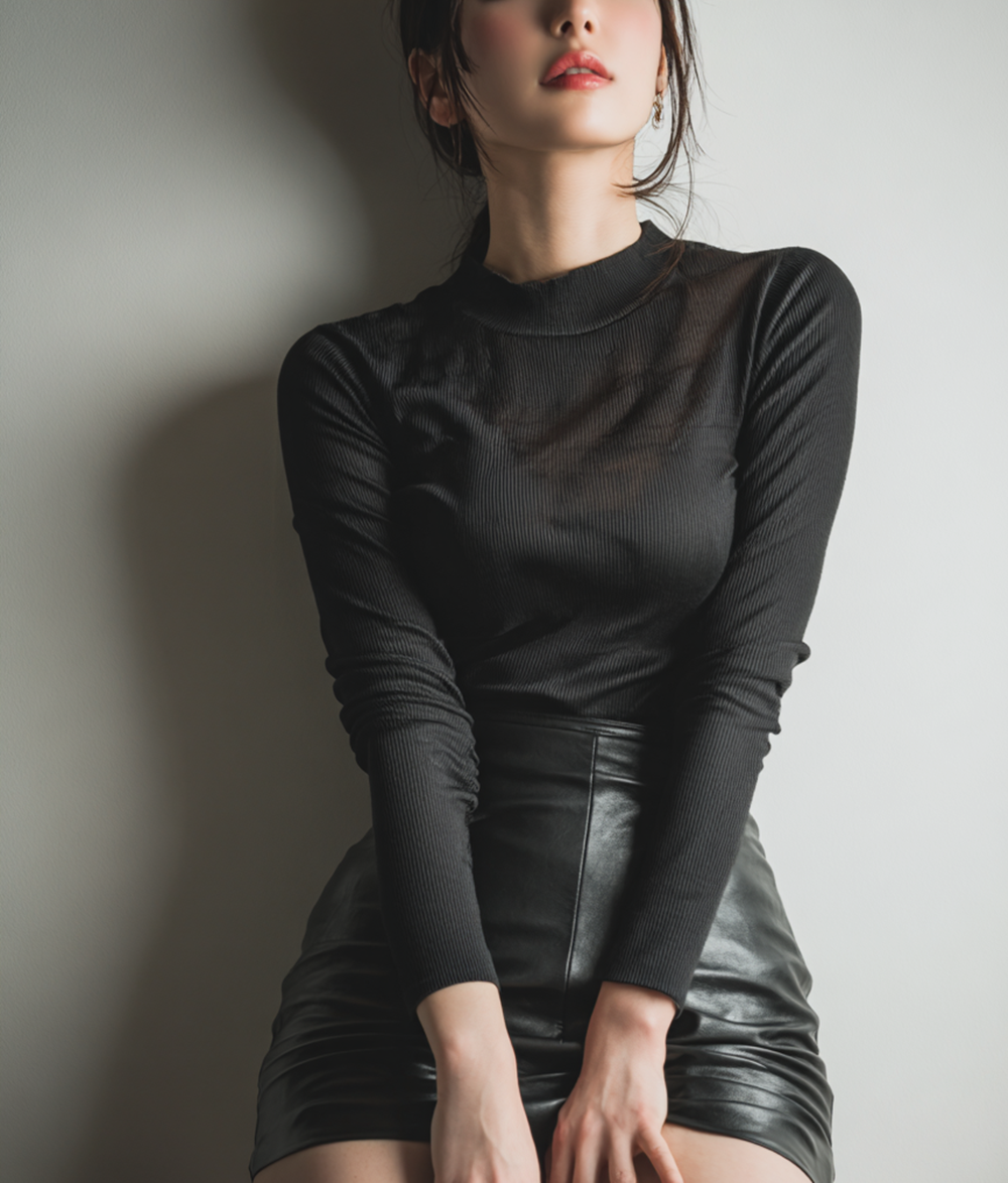 Beautiful Japanese woman in black leather mini skirt and thigh high boots, cinematic lighting, realistic skin texture, minimalist interior background, sophisticated eroticism.