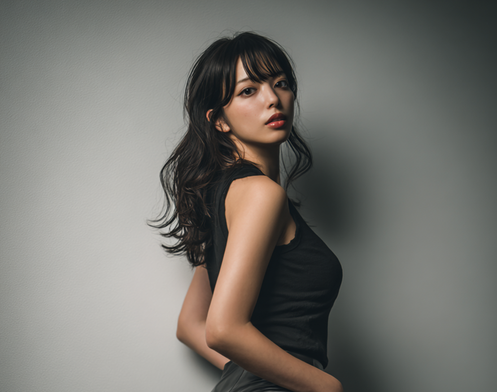 Beautiful Japanese woman in black leather mini skirt and thigh high boots, cinematic lighting, realistic skin texture, minimalist interior background, sophisticated eroticism.