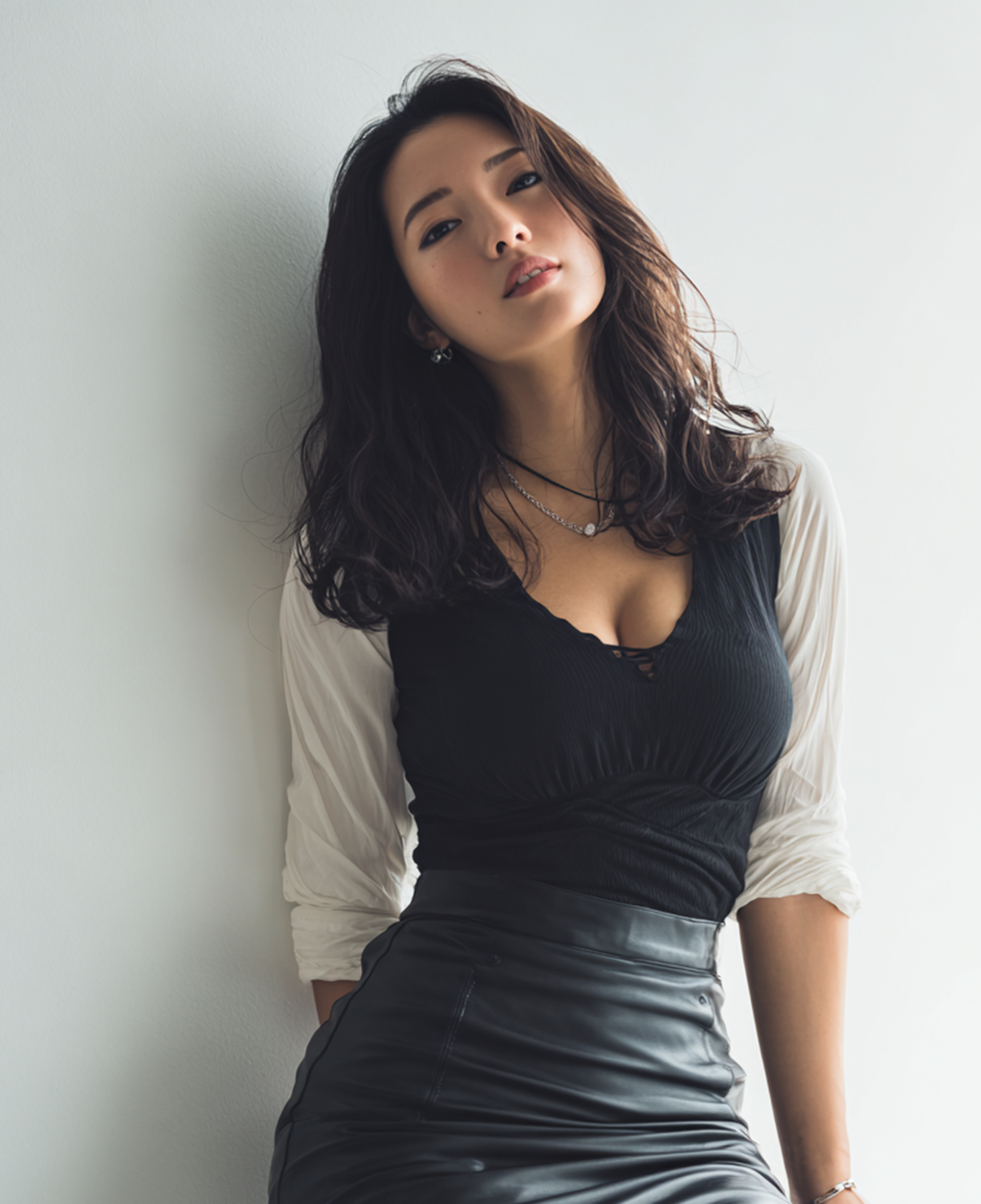 Beautiful Japanese woman in black leather mini skirt and thigh high boots, cinematic lighting, realistic skin texture, minimalist interior background, sophisticated eroticism.