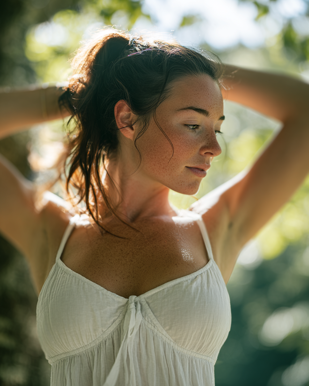 Beautiful woman with freckles wearing a white cotton sundress in a sunny garden, cinematic summer lighting, realistic skin texture, forbidden neighbor aesthetic, high-quality AI art.