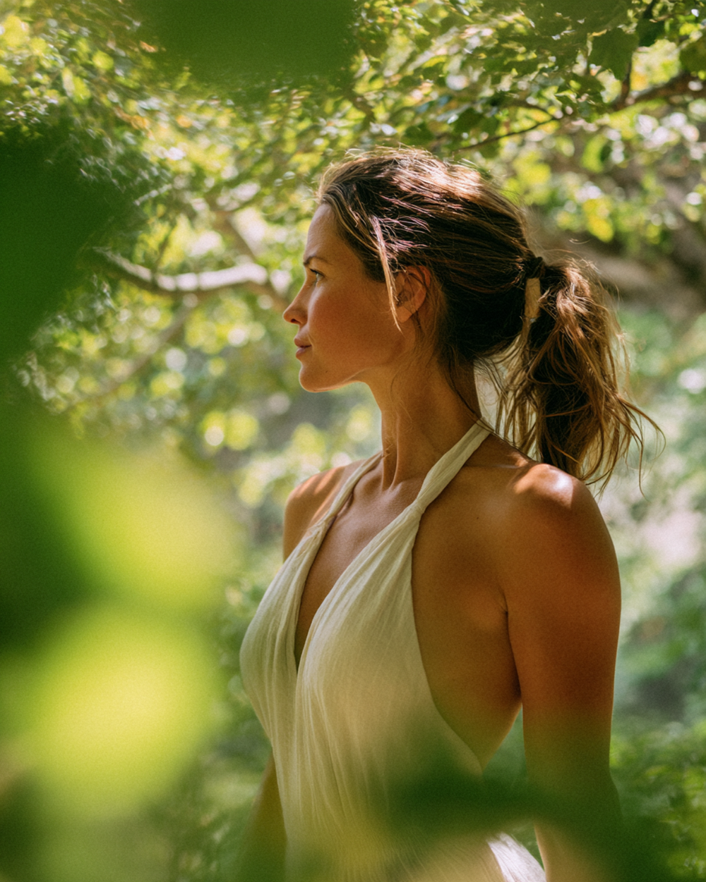 Beautiful woman with freckles wearing a white cotton sundress in a sunny garden, cinematic summer lighting, realistic skin texture, forbidden neighbor aesthetic, high-quality AI art.