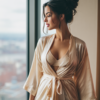 Realistic AI woman in champagne silk robe by a window, cinematic lighting, messy bun hairstyle, lace lingerie, luxury apartment interior, morning glow, high-resolution portrait.