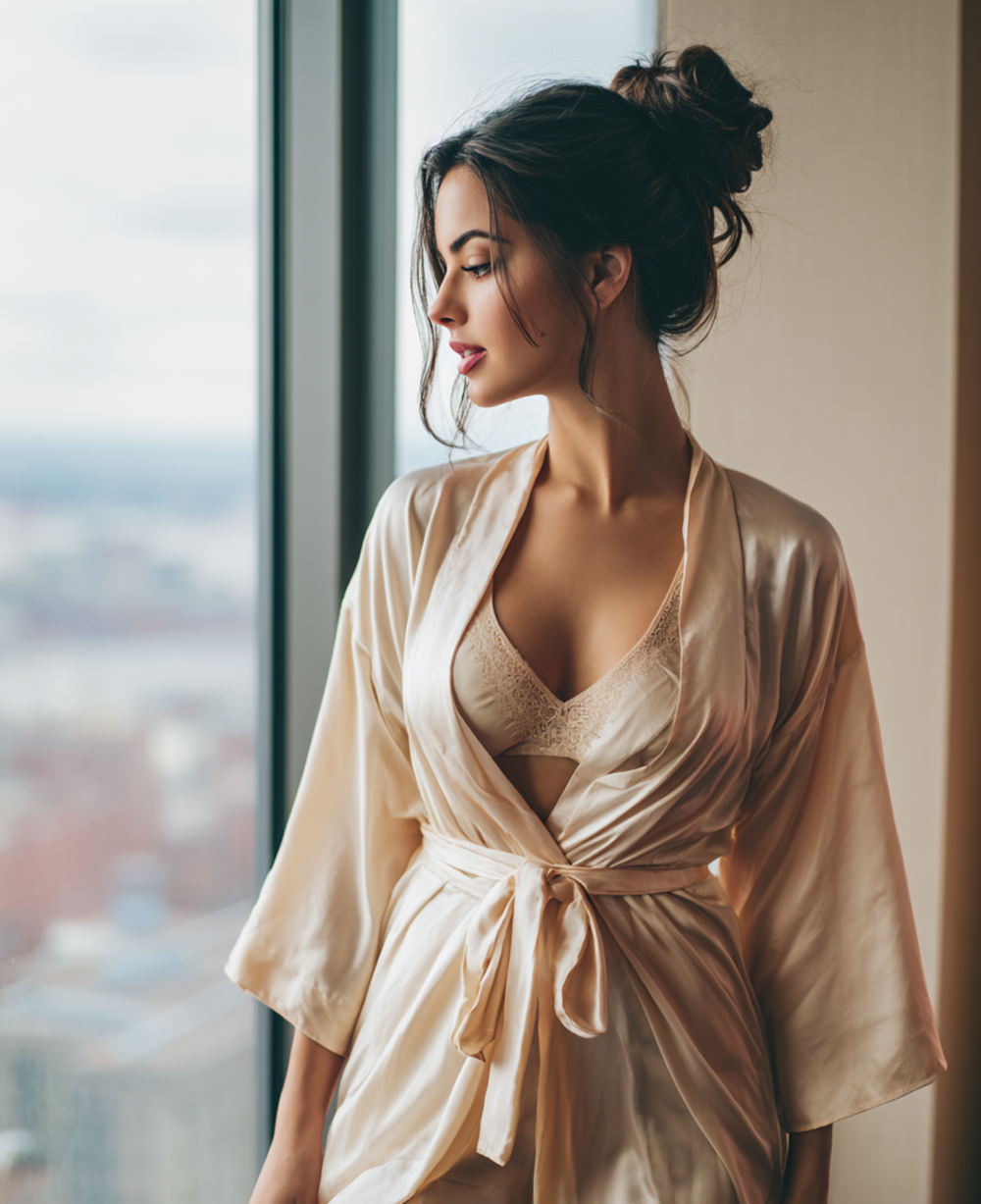 Realistic AI woman in champagne silk robe by a window, cinematic lighting, messy bun hairstyle, lace lingerie, luxury apartment interior, morning glow, high-resolution portrait.