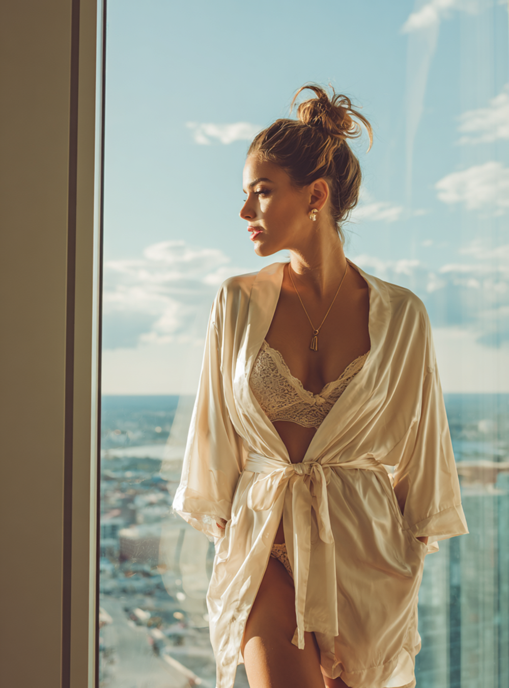 Realistic AI woman in champagne silk robe by a window, cinematic lighting, messy bun hairstyle, lace lingerie, luxury apartment interior, morning glow, high-resolution portrait.