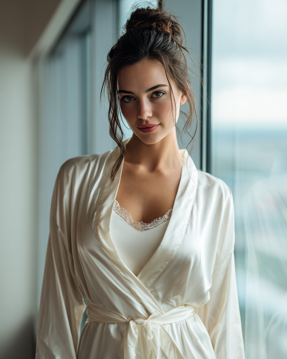 Realistic AI woman in champagne silk robe by a window, cinematic lighting, messy bun hairstyle, lace lingerie, luxury apartment interior, morning glow, high-resolution portrait.