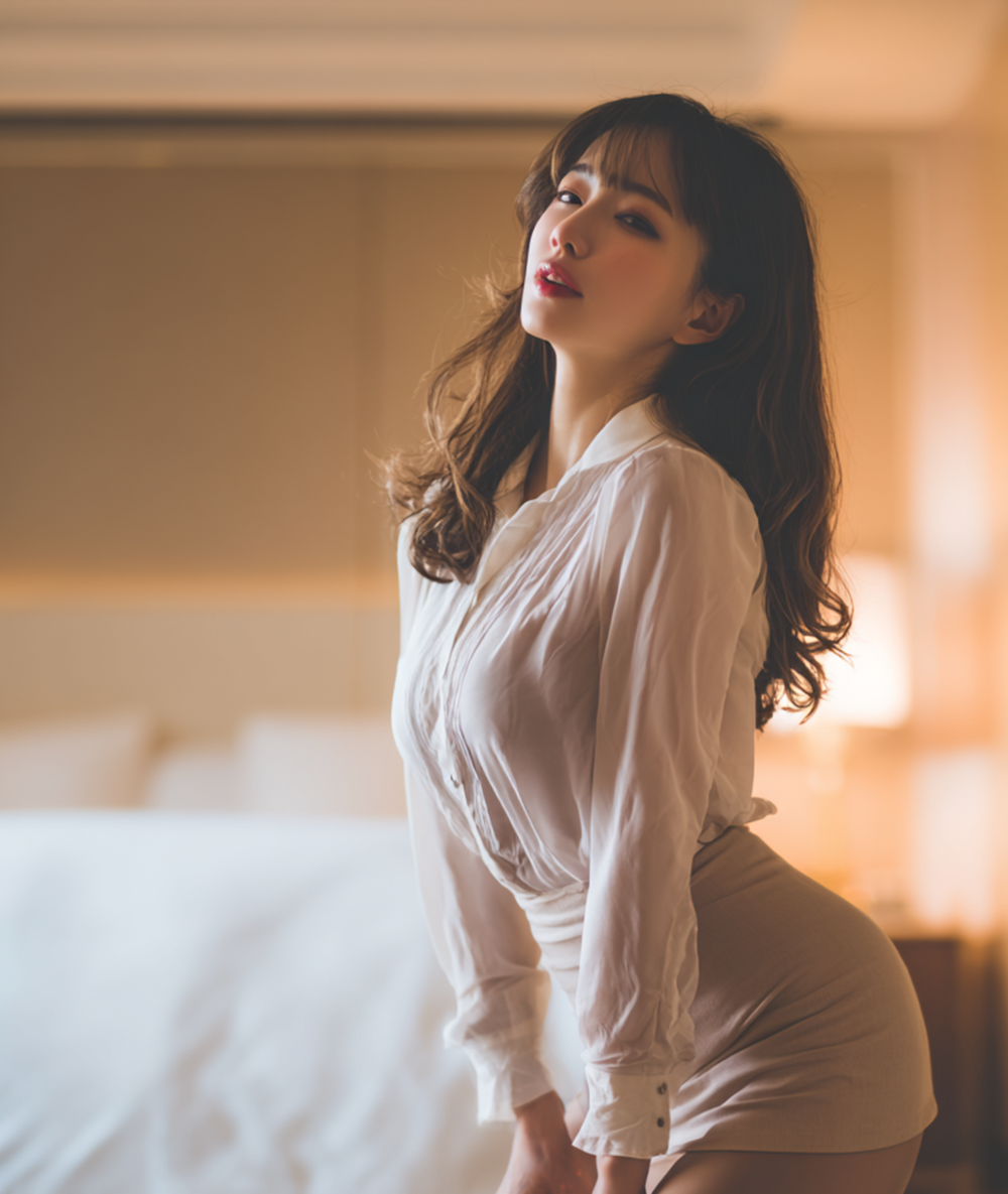 Beautiful Asian woman in silk blouse, professional assistant in luxury hotel room, cinematic lighting, mature office romance concept, high-resolution AI photography.
