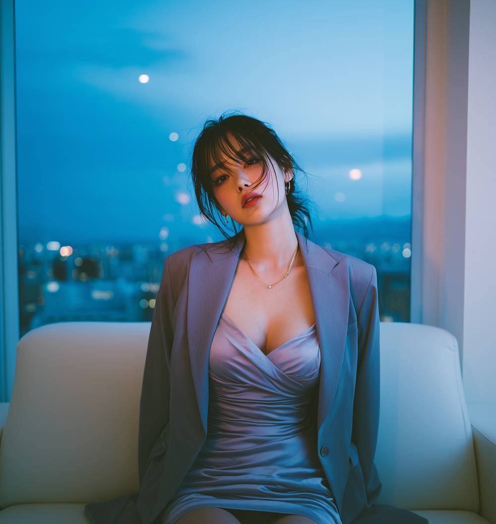 Beautiful Japanese woman with wet hair wearing a navy blazer and satin slip dress in a luxury hotel suite, cinematic lighting, realistic skin texture, moody atmosphere, office lady after work.