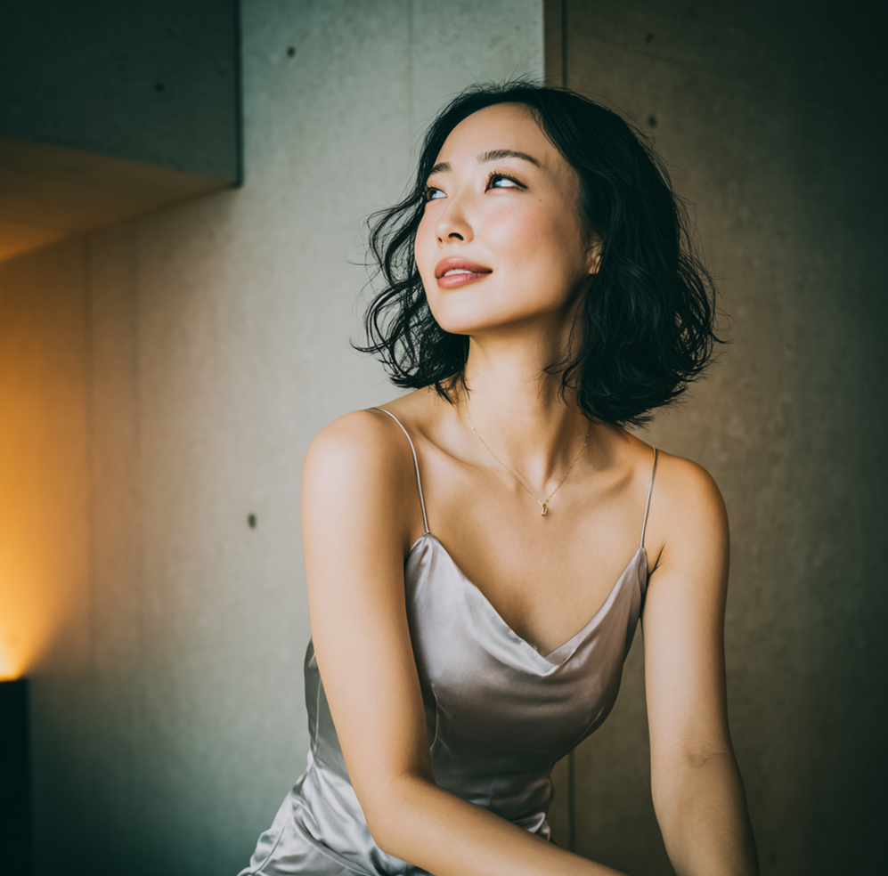 Beautiful Asian woman in champagne satin slip dress, luxury hotel room lighting, cinematic atmosphere, elegant hostess after hours, realistic AI photography.