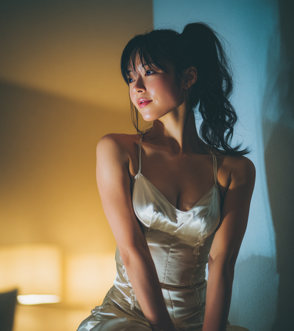Beautiful Asian woman in champagne satin slip dress, luxury hotel room lighting, cinematic atmosphere, elegant hostess after hours, realistic AI photography.