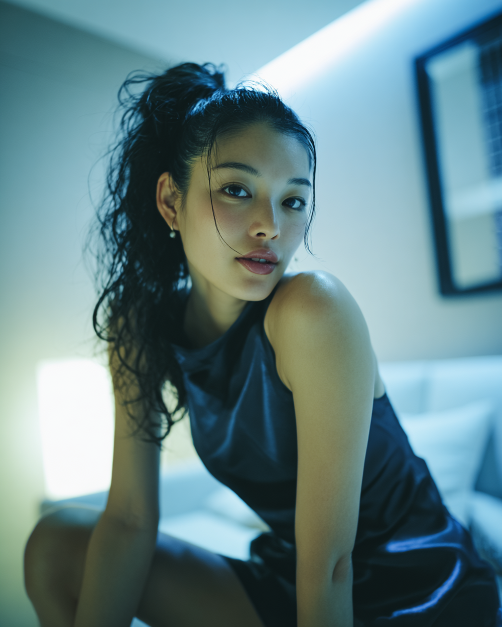 Beautiful Asian woman in champagne satin slip dress, luxury hotel room lighting, cinematic atmosphere, elegant hostess after hours, realistic AI photography.