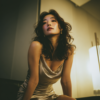 Beautiful Asian woman in champagne satin slip dress, luxury hotel room lighting, cinematic atmosphere, elegant hostess after hours, realistic AI photography.