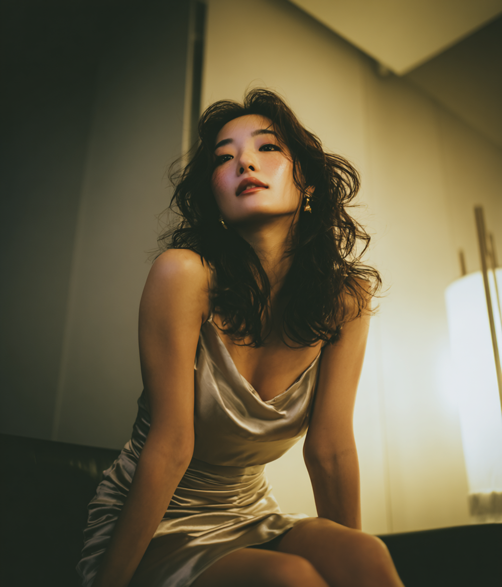 Beautiful Asian woman in champagne satin slip dress, luxury hotel room lighting, cinematic atmosphere, elegant hostess after hours, realistic AI photography.