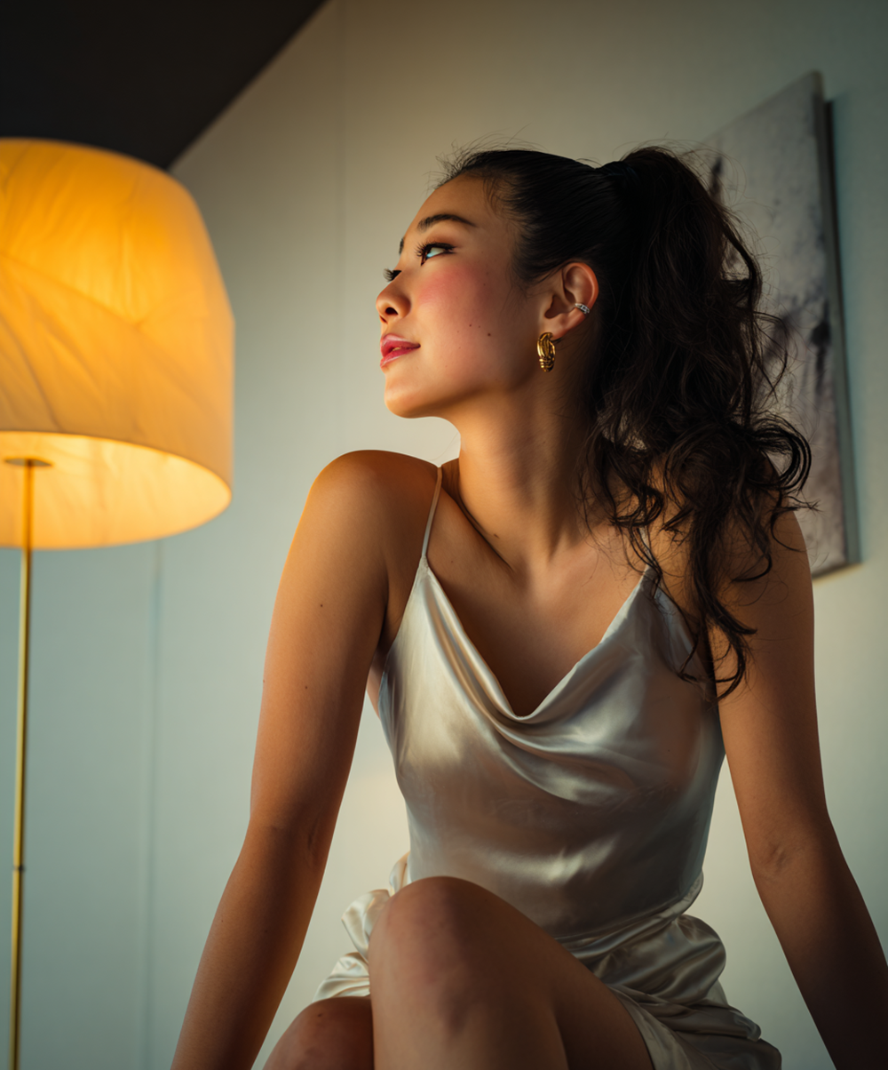 Beautiful Asian woman in champagne satin slip dress, luxury hotel room lighting, cinematic atmosphere, elegant hostess after hours, realistic AI photography.