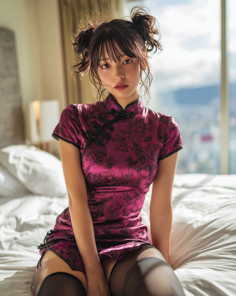 赤紫のチャイナドレスと黒ストッキング姿でベッドに座る女性