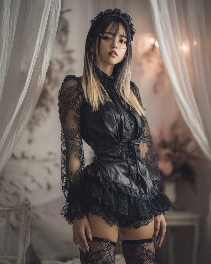 クラシカルな店内で黒いメイド衣装を着た女性のAIフォト