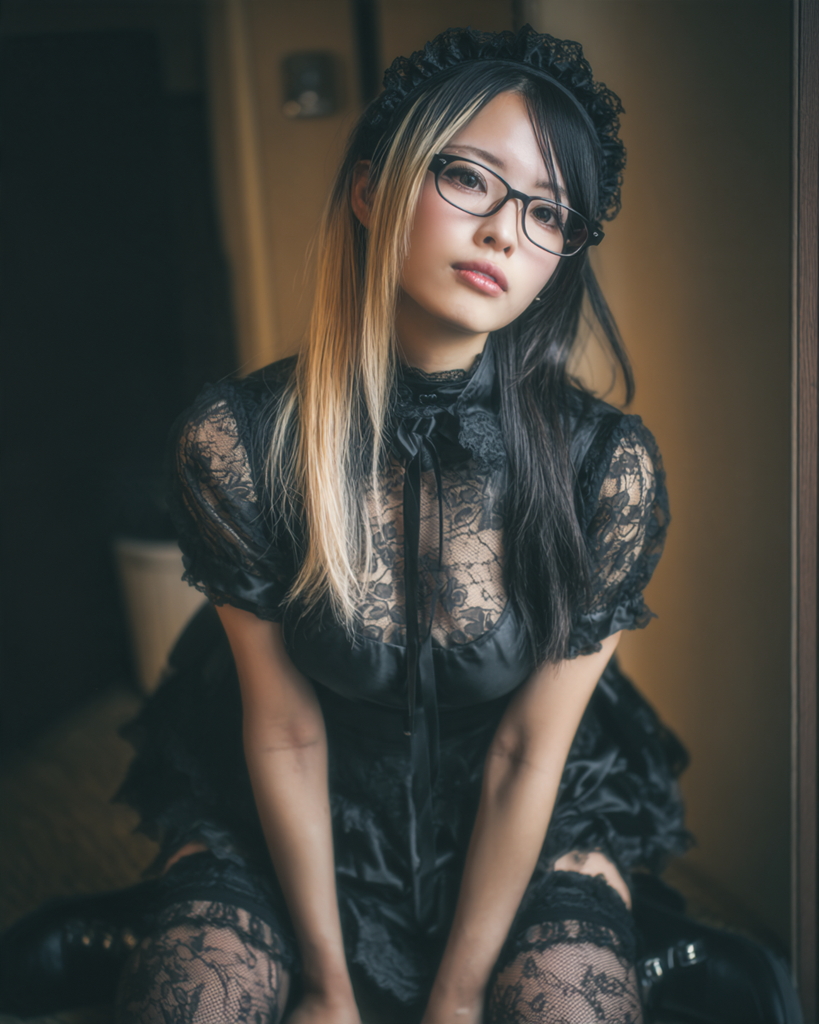 黒レースのゴシックメイド衣装と黒縁メガネ姿で室内に座る女性