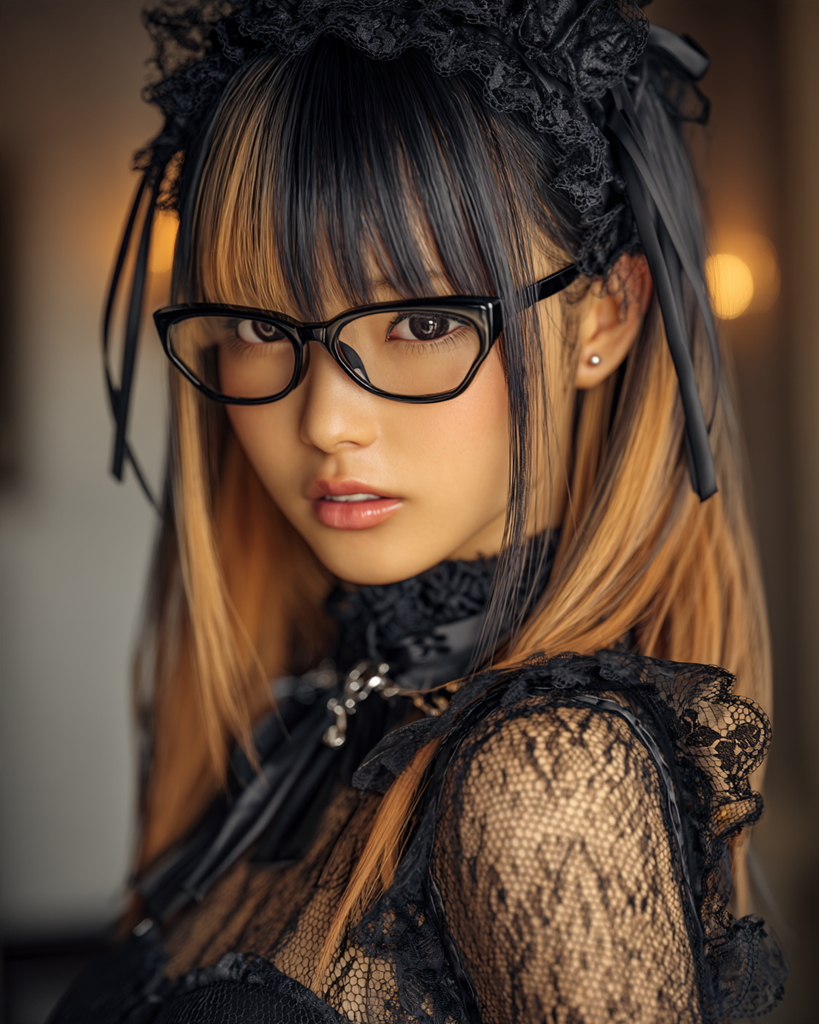 黒縁メガネと黒レースのヘッドドレスを身につけたゴシックスタイルの女性