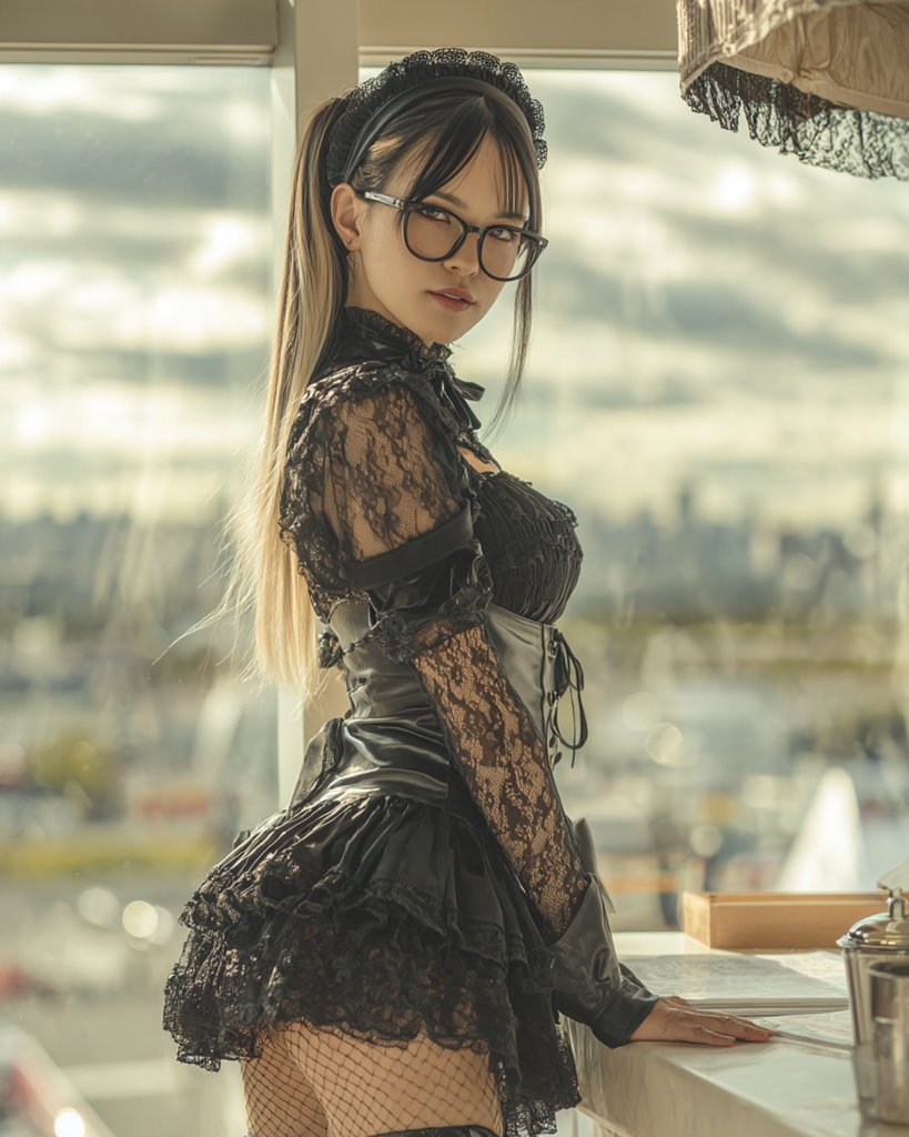 黒レースのゴシックメイド衣装と黒縁メガネ姿で窓辺に立つ女性