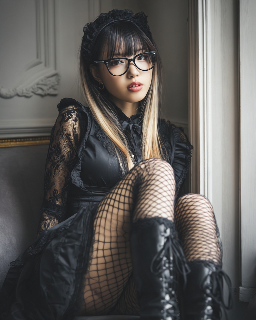 黒のゴシックメイド衣装と網タイツ、黒縁メガネ姿で窓辺に座る女性
