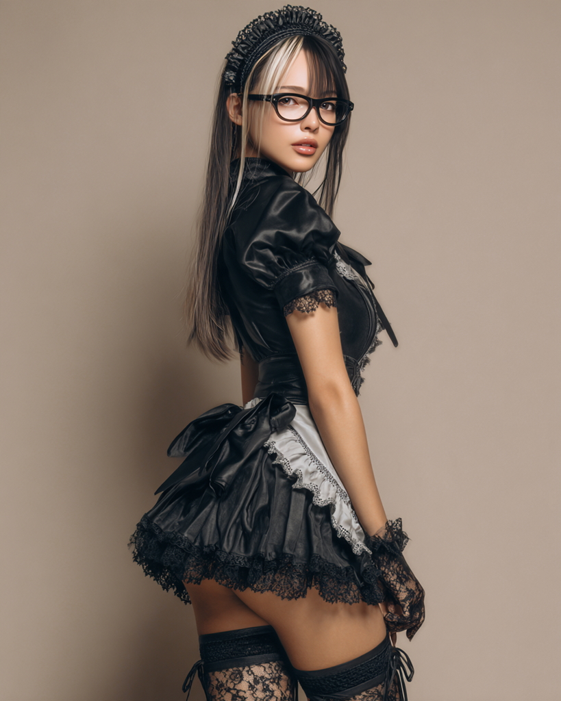 黒いメイド衣装と黒縁メガネ姿で振り返る大人の女性のAIフォト