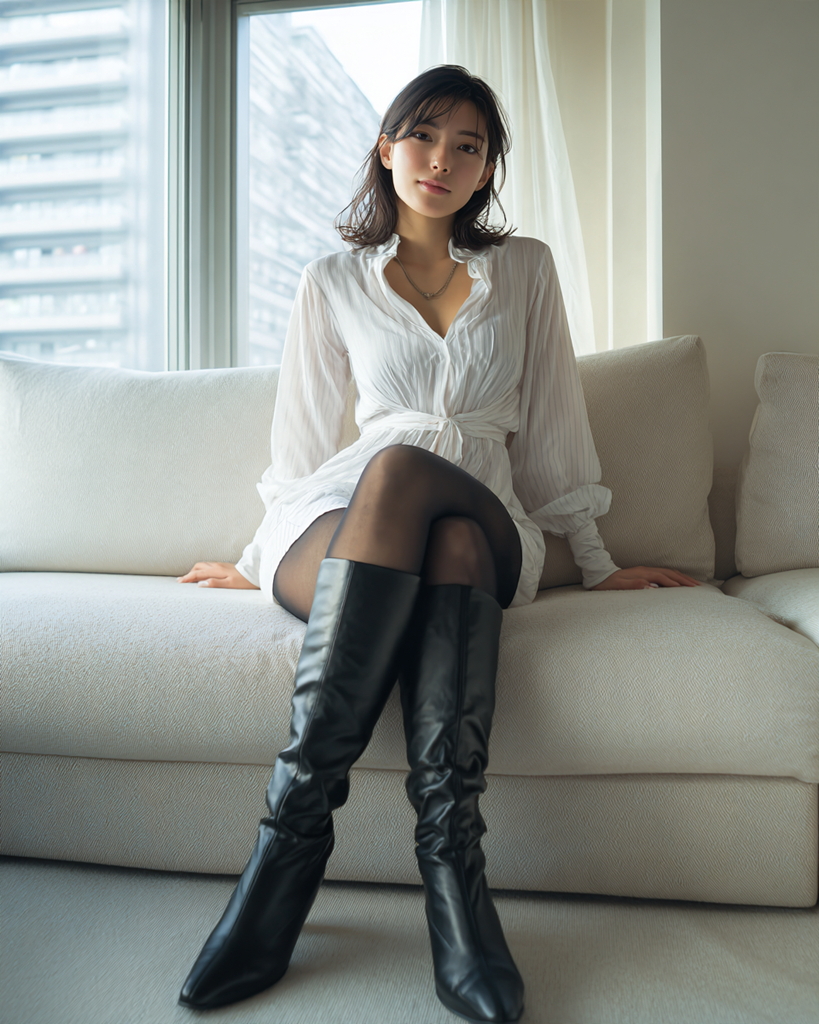 白いブラウスと黒ストッキング、黒ロングブーツ姿で窓辺のソファに座る女性