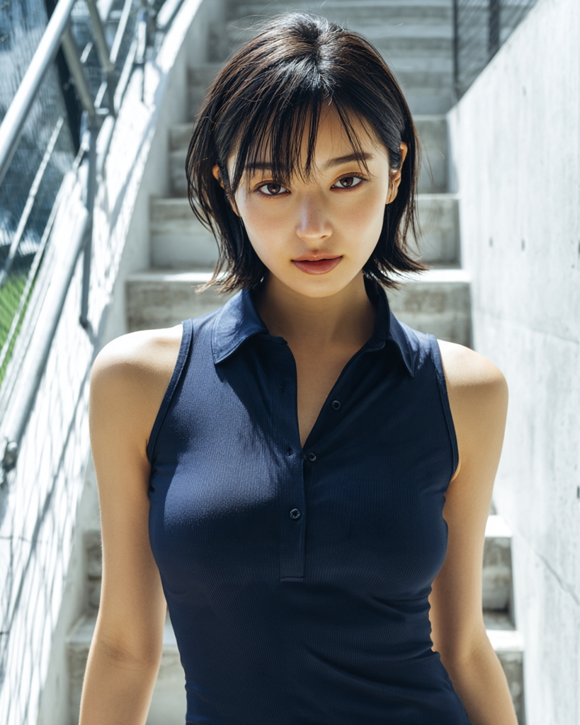 ネイビーのノースリーブテニスウェアを着た大人の女性