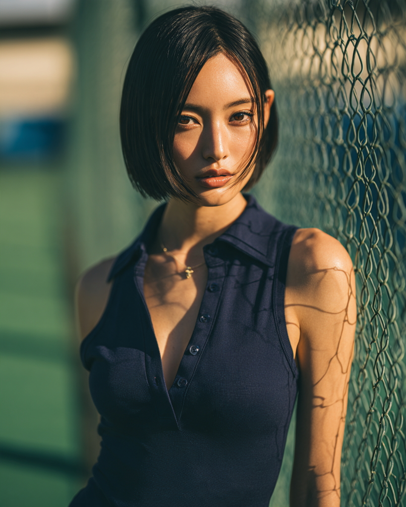 テニスコートのフェンス際に立つネイビーのテニスウェア姿の女性