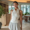 白のテニスウェアとプリーツスカートを着た大人の女性