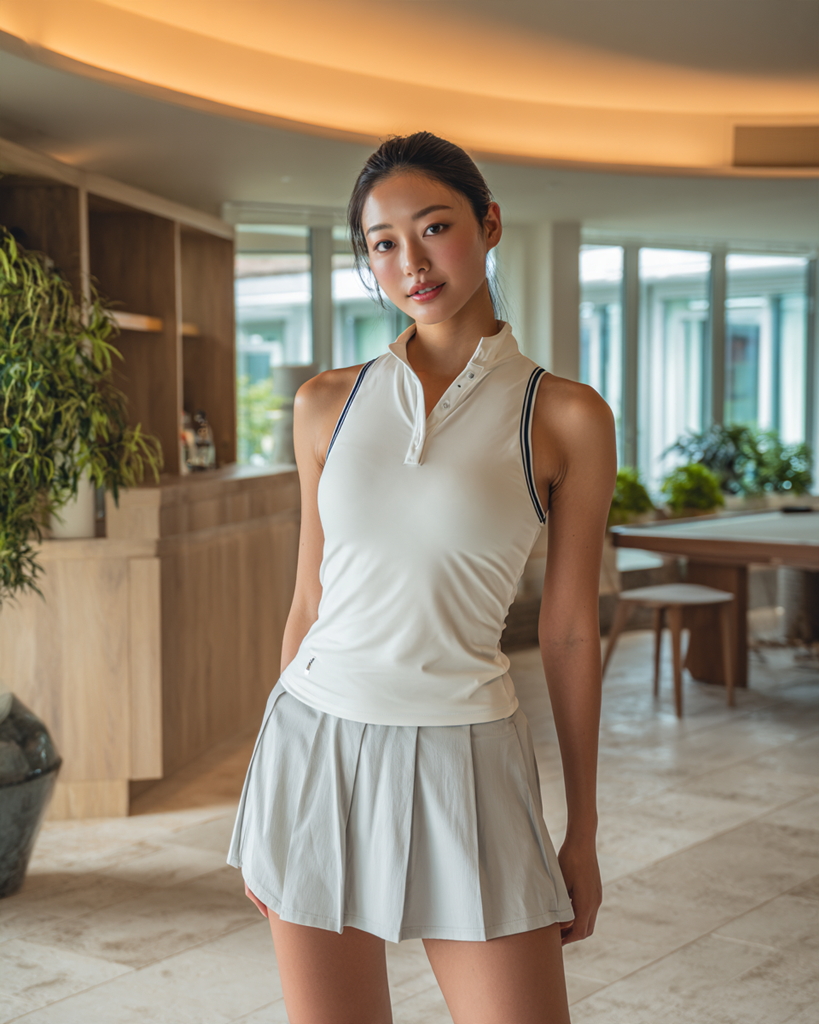 白のテニスウェアとプリーツスカートを着た大人の女性