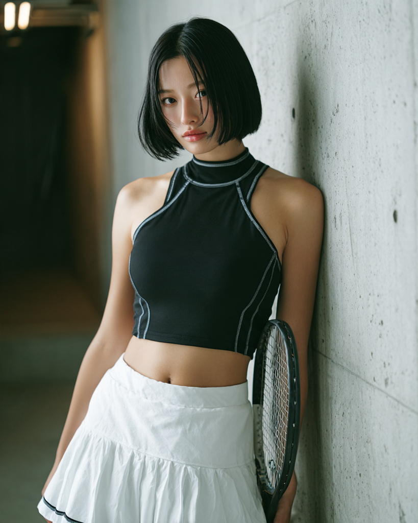 黒のノースリーブトップスと白のテニススカートを着た女性