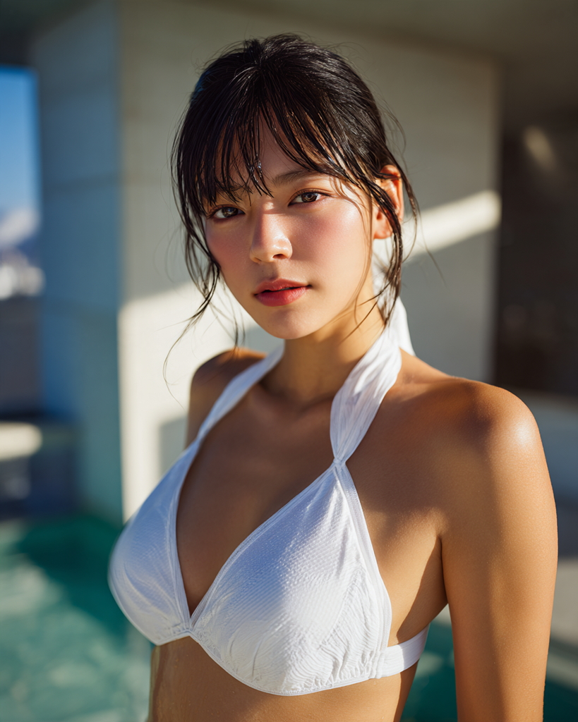 白のホルタービキニを着た大人の女性とプールサイド