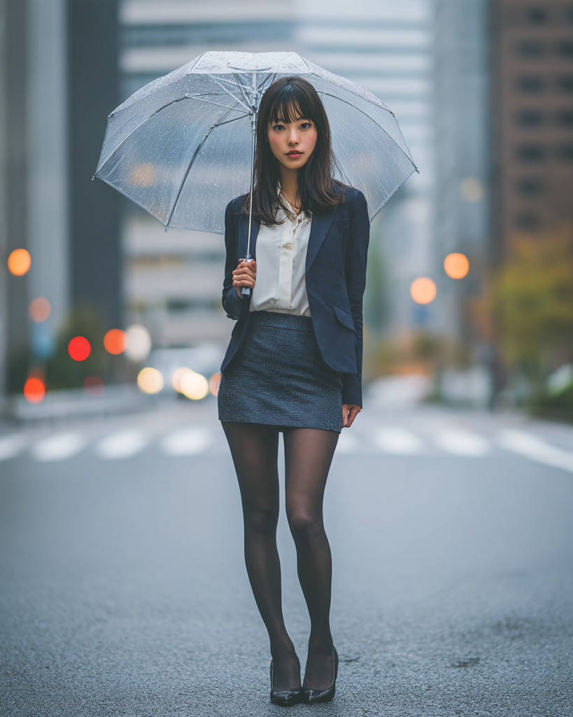 雨の街で透明な傘を差すネイビージャケットと黒ストッキング姿のOL