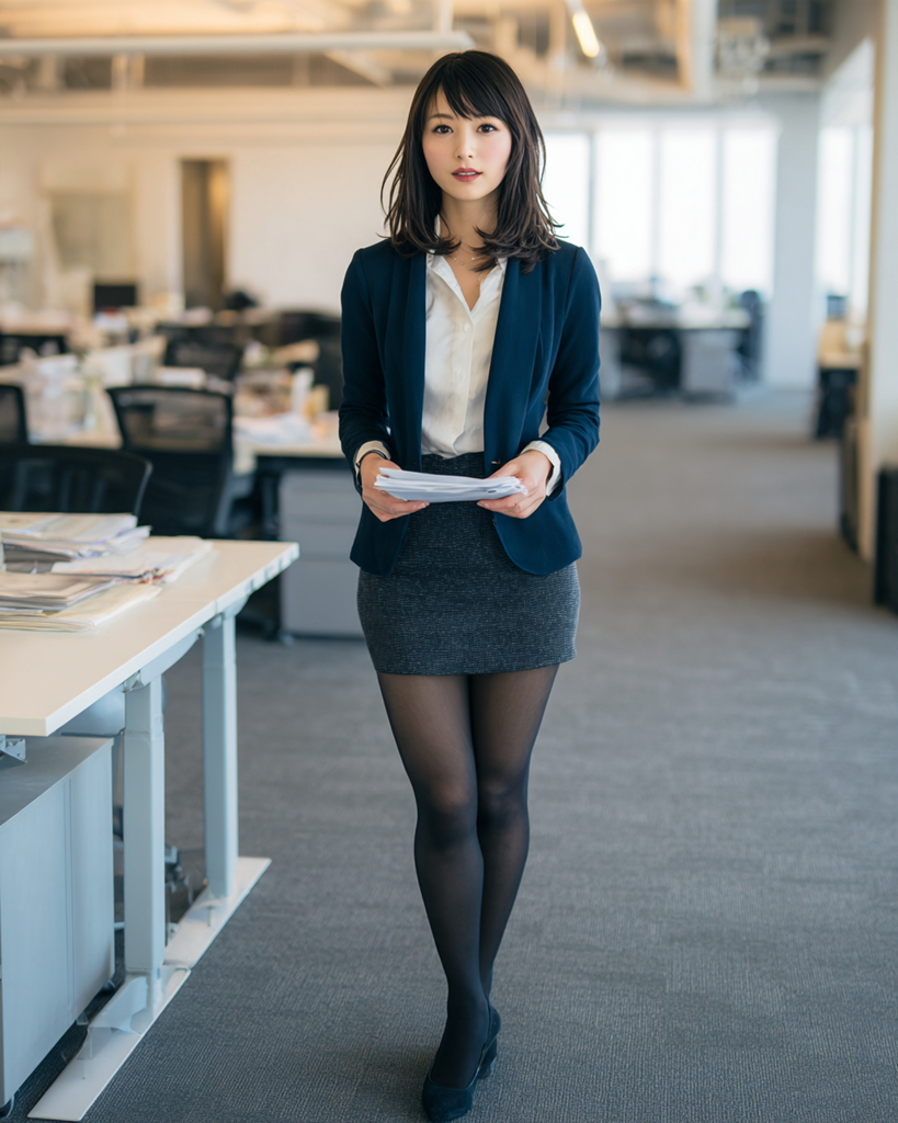 資料を持ってオフィスを歩くネイビージャケットと黒ストッキング姿のOL