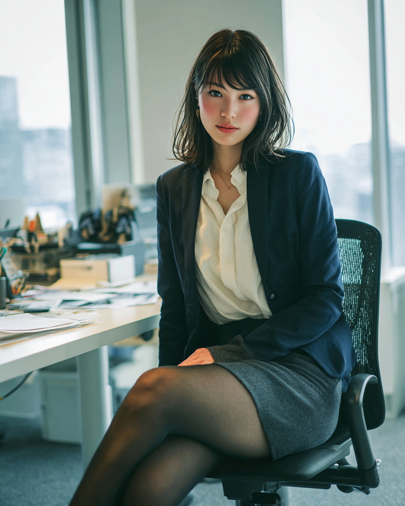 オフィスチェアに座って脚を組むタイトスカートと黒ストッキング姿のOL